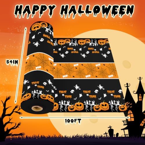 54 Inch X 100 Feet Plastic Table Cover Roll Disposable Halloween Tablecloth with Slide Cutter Pumpkin Ghost Plistic Table Covers for Halloween Party Decorations(Halloween Table Runner, 100Feet)