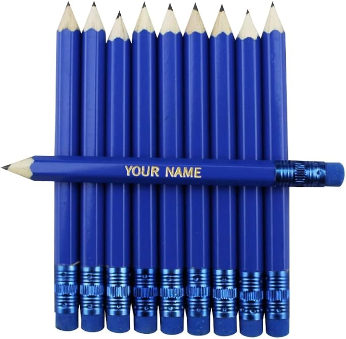 EZPENCILS & GIFTS - Golf Pencils Tipped with Eraser (1/2 a Pencil) - Sea Blue Colored Barrel - FREE-PERSONALIZATION - 2HB Black Lead - Custom Text - Non-Smear Eraser – Package of 10