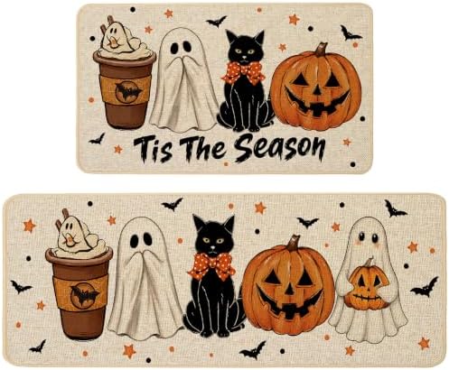 Baccessor Halloween Ghost Kitchen Rugs Set of 2,Tis The Season Spooky Pumpkin Black Cat Mat Rug Indoor Outdoor Low-Profile Non Slip Absorbent Floor Mats for Home Holiday Decor 17x29 and 17x47 Inch