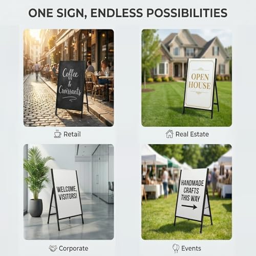 24x36 Sidewalk Sign Single Sided - Heavy Duty L-Frame Metal Poster Stand with Slide-in Design, Angled Outdoor Floor Display Signboard Holder for Business Store and Lobby, Black Frame Only