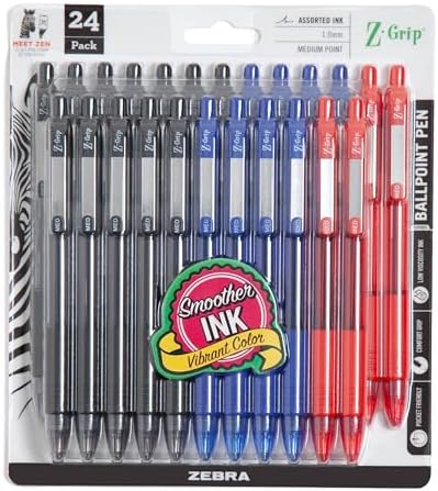 Zebra Pen Z-Grip Retractable Ballpoint Pen, Black, Blue, Red, 1.0mm, 24-Pk