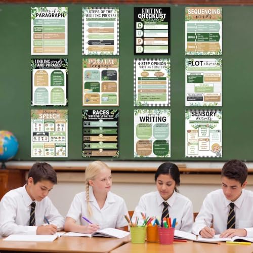 Funrous 19 Pcs Writing Strategies Posters for Classroom Eucalyptus Decor