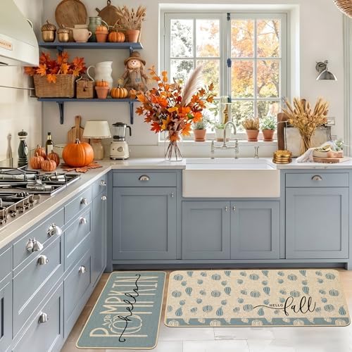 Baccessor Fall Kitchen Rugs Set of 2, Blue Pumpkin Kitchen Mats for Floor Washable Low-Profile Farmhouse Autumn Holiday Home Indoor Outdoor Decor 17x29 and 17x47 Inch
