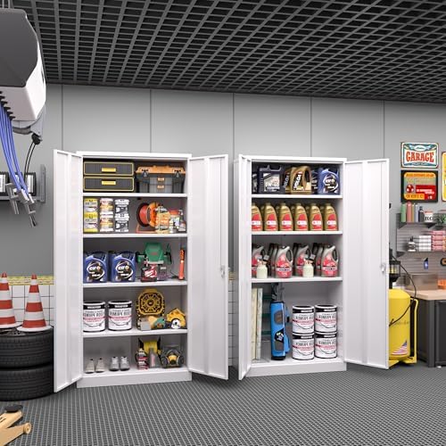 Greenvelly White Metal Storage Cabinet 72' - Steel Garage Cabinet with Doors & Shelves, Anti Tipping