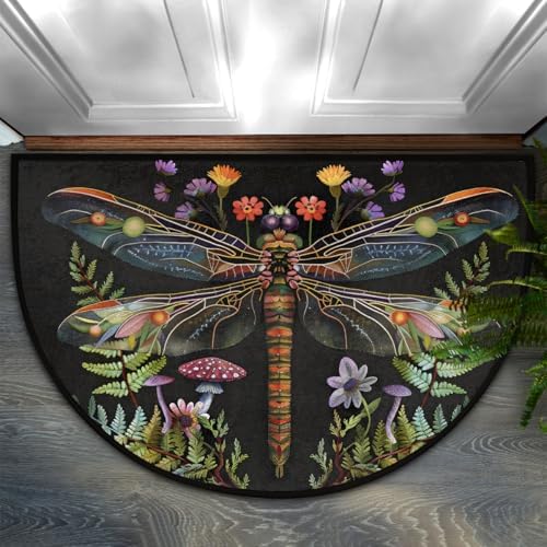 Dragonfly Mushroom Flower Half Round Door Mat Non Slip Washable Semi Circle Area Rug Absorbent Soft Half Moon Rug Floor Mat for Indoor Outdoor Kitchen Bathroom Patio Front Door Mat Decor