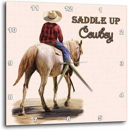 3dRose Wall Clock Silent - 10 inch - Saddle Up Cowboy Western Theme Painting - Western