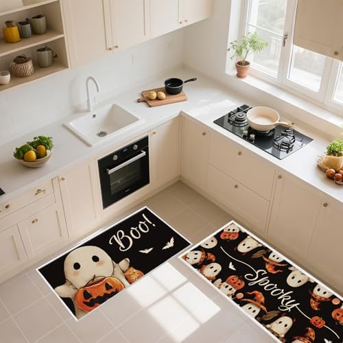 Halloween Kitchen Mats Set of 2, Boo Pumpkin Ghost Kitchen Rugs