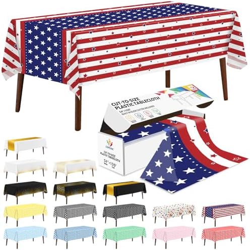 CXPSINC 54 Inch X 100 Feet 4th of July Patriotic Plastic Table Cover Roll Disposable American Flag Tablecloth with Slide Cutter for Veterans Day, Patriotic, Memorial, Fourth of July, Independence