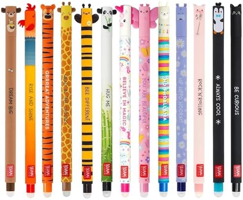 LEGAMI - Set of 13 Erasable Gel Pens with Thermosensitive Erase Ink, coloured ink & fun novelty barrel designs, 0.7mm Tip, Animal Designs, Panda, Llama, Unicorn, etc.