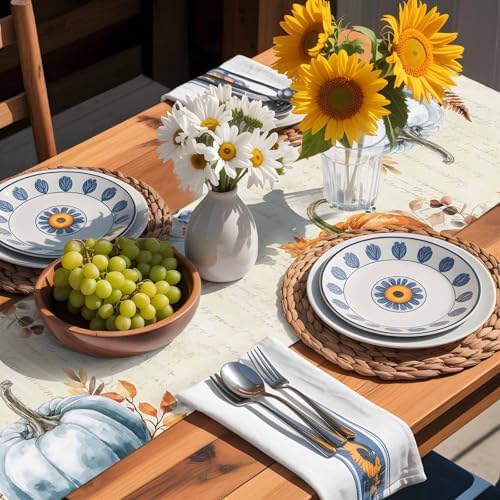 Fall Orange Blue Pumpkin Table Runner Dresser Scarf 13 x 120 Inch Eucalyptus Leaf Retro Thanksgiving Table Runners Non-Slip Heat Resistant Kitchen Dining Table Decor for Autumn Holidays Indoor Outdoor