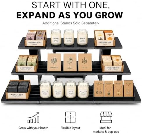 3 Tier Corner Display Stand for Vendors, Wide Black PVC Tabletop Shelves with 10mm Panels, Tool-Free Flat-Pack Display for Craft Fairs, Markets & Retail Counters