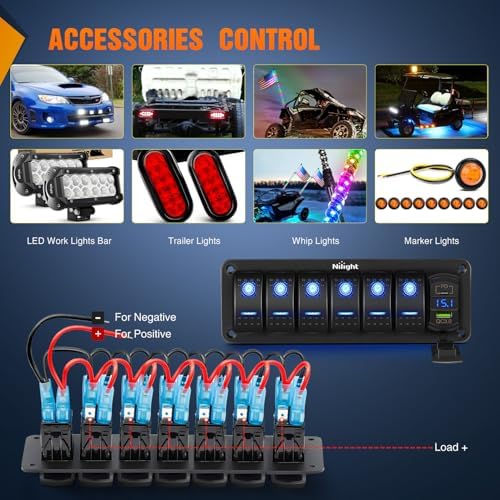 Nilight 6 Gang Rocker Switch Panel with PD Type C and USB Charger Voltmeter