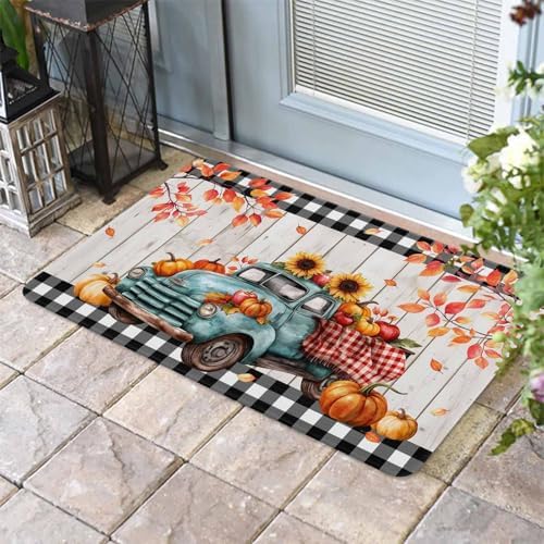 Fall Door Mat Harvest Pumpkin Teal Truck Doormat Sunflower Maple Leaves Wood Plaid Harvest Thanksgiving Welcome Mat Non Slip Entryway Front Rug Floor Mat for Indoor Outdoor Kitchen Autumn 16x24