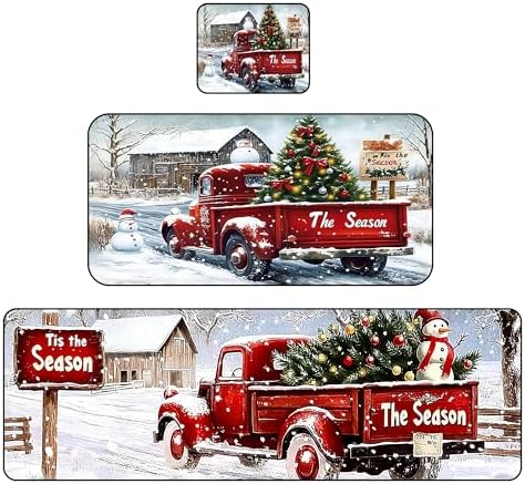 Kitchen Rugs Mat 2 PCS Christmas Halloween Kitchen Rugs Non Slip Washable with 1 PCS Mouse Pad Home Rug Sets Decorations, The Season