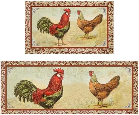 Chicken and Rooster Kitchen Rugs for Floor 2 Piece Sets, Farmhouse Decor for Rooster Kitchen Rug, Chicken Mats for Kitchen in Front of Sink for Standing for Country Kitchen Decor 17"X30"+17"X47"