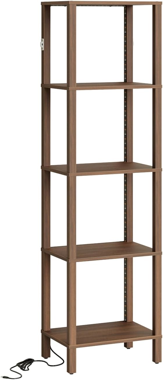 Open Book Shelf with LED Lights, 5 Tier Tall Bookshelf, Freestanding Shelf Narrow Bookcase with Open Shelves, 14.96" x 10.63" x 53.54", Book Shelves for Living Room, Office, Study, Walnut