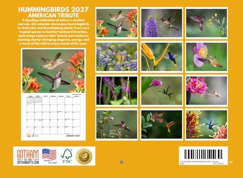 JJ Audubon Tribute Hummingbird Calendar 2027 Monthly Wall Calender 12 Month | American Made In The USA