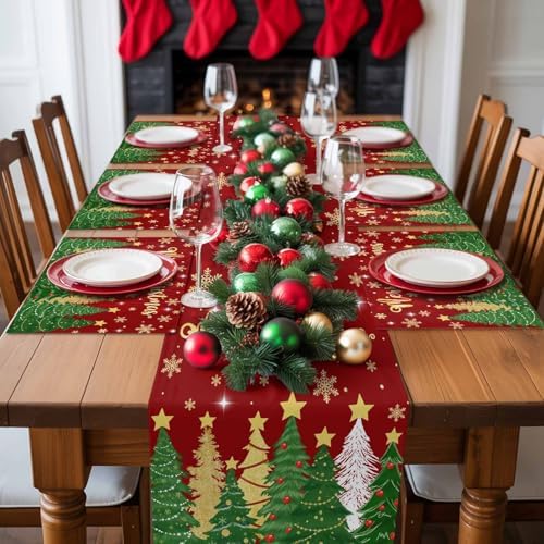 Christmas Placemats Set of 4, Merry Christmas Heat Resistant Washable Dining Table Mats Xmas Holiday Farmhouse Decor for Kitchen&Linens Outdoor Indoor, Gold Star Xmas Tree Snowflakes