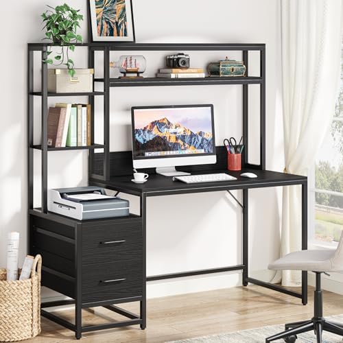 Tribesigns 55 Inch Computer Desk with 2 Drawers and Storage Shelves, Rustic Office Desk with Hutch, Study Writing Gaming Table Laptop Workstation for Home Office (Black)