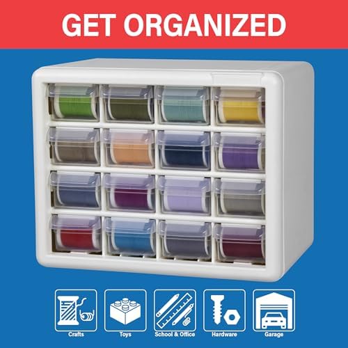 Akro-Mils 16-Drawer Plastic Storage Cabinet, 10.5"W x 6.5"D x 8.5"H, White