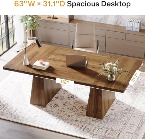 Tribesigns 63-Inch Executive Desk, Large Office Computer Desk with Double Pedestal, Modern Simple Workstations Writing Table Conference Table Business Furniture for Home Office, Light Brown