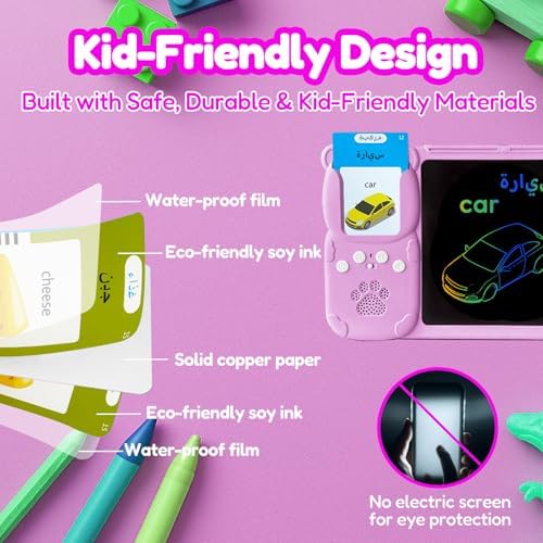 Writing Tablet with Bilingual Flash Cards for Kids, Arabic, Pink