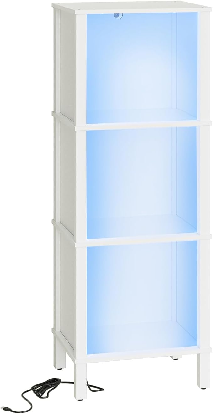 Bookshelf with LED Lights, Modern 3-Tier Bookcase, Open Storage Book Shelf, 11 × 14.2 × 38.9 Inches, Small Narrow Bookshelves for Living Room, Home Office, Bedroom, White