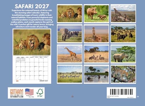 Safari Calendar 2027 Wild Animals Monthly Wall Calender 12 Month