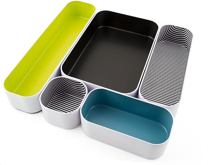 Three by Three Seattle Metal Drawer Organizer Tray Set, 5-Pc, 2" (Assorted) | Deep 2" food-safe metal bins; soft non-scratch base; perfect for kitchen utensils, tools & bulkier drawer items