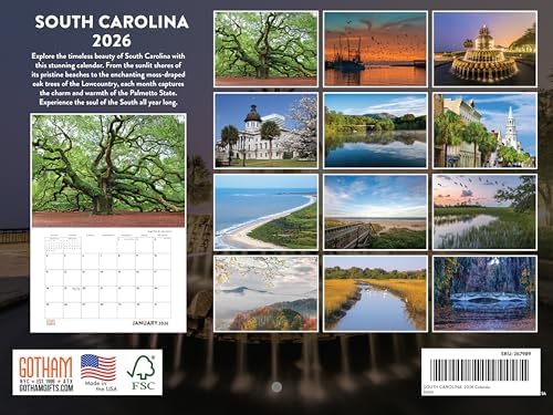 South Carolina Calendar 2026 Wall 12 Month Monthly SC Scenic Souvenirs Themed Gifts | American Made In The USA