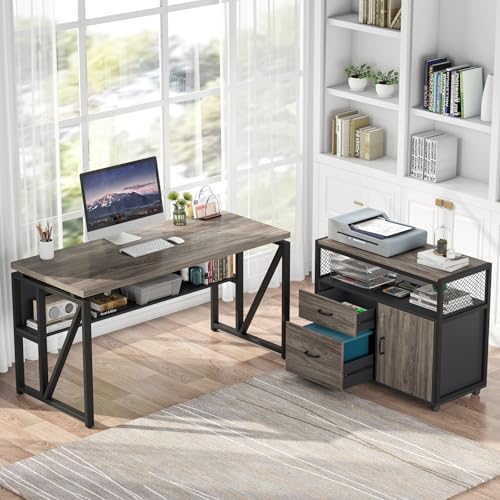 Tribesigns Grey Executive Desk with Cabinet, 55" L Shaped Computer Desk and lateral File Cabinet with Locks, 2 Piece Home Office Furniture Set for Hanging