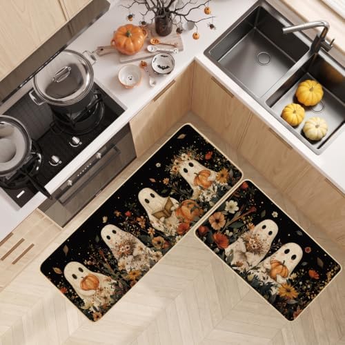 Baccessor Halloween Ghost Kitchen Rugs Set of 2,Spooky Pumpkin Fall Floral Black Mat Rug Indoor Outdoor Low-Profile Non Slip Absorbent Floor Mats for Home Party Holiday Decor 17x29 and 17x47 Inch