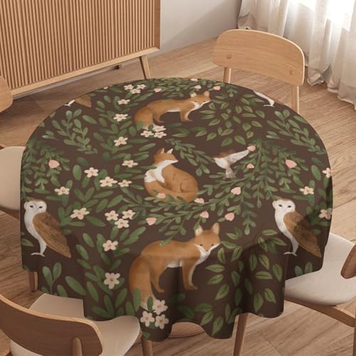 Woodland Animals Tablecloth, Rustic Forest Fox Owl Bird Green Plants Leaves Print Table Cover for Farmhouse Kitchen Dinning Indoor Outdoor Party Decor, 36x36in