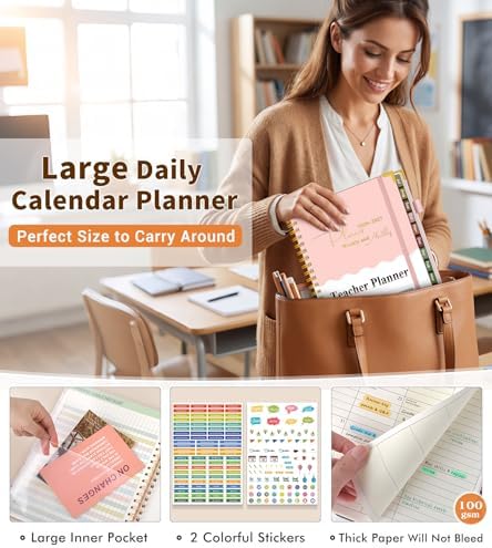 Teacher Planner 2026-2027, July 2026 - June 2027, Academic Weekly & Monthly Calendar Planner with Tabs, 8.5" x 11" A4 Teacher Lesson Plan Book with 7 Periods, Daily Agenda School Organizer for Teacher Student Homeschool, Pink