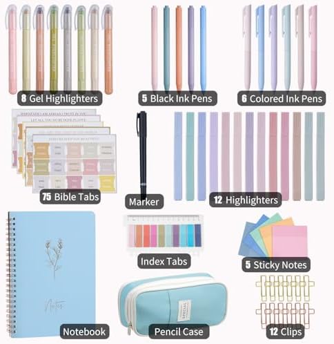 KOPKOFT Bible Study Supplies, Bible Journaling Kit for Women with Journal, Pen Case, Tabs, Highlighters and Pens, Bible Accessories Set for Women Students Beginner, Christian Gifts (Blue)
