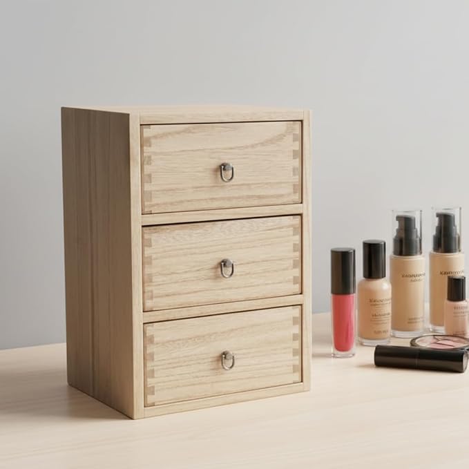 DDYURI Desktop Drawer Organizer Drawers Wooden Box Caddy Office Supplies Storage on Dresser Table 3-Tier Color-Light Brown