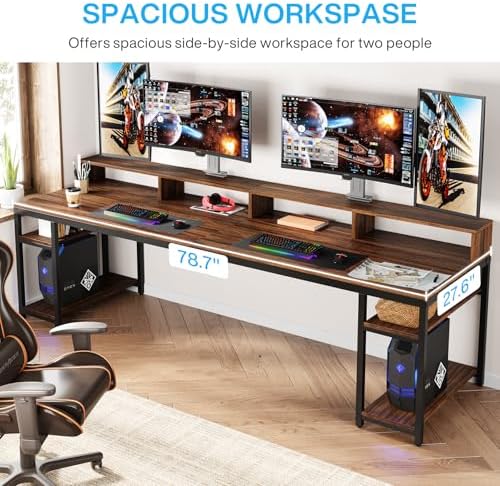 Tribesigns Two Person Desk with Monitor Stand, 78.74" Long Double Computer Office Desk with Storage Shelves, Large Gaming Study Writing Table Workstation for Home Office (Rustic Brown)
