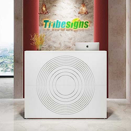 Tribesigns Reception Desk with Counter, Modern Front Desk Reception Room Table with Cable Grommet, 47 inch Retail Counter for Checkout, Lobby, Beauty Salon, Home Office Desk, White