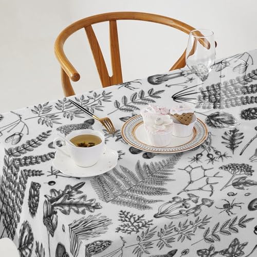 Vintage Mushroom Tablecloth, Black White Nature Forest Fern Leaves Autumn Plants Botanical Print Table Cover for Home Dining Decor Kitchen Party Outdoor 60x120in