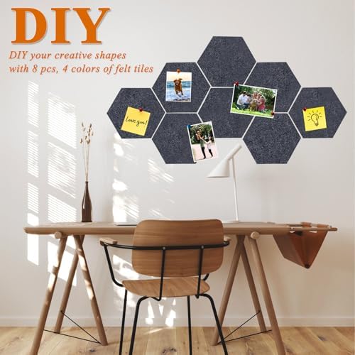 8 Pcs Hexagon Felt Cork Bulletin Board Tiles, Self Adhesive DIY Bulletin Board Pin Board for Office School Home Wall Decor Memos Photos Display(Deep Grey)