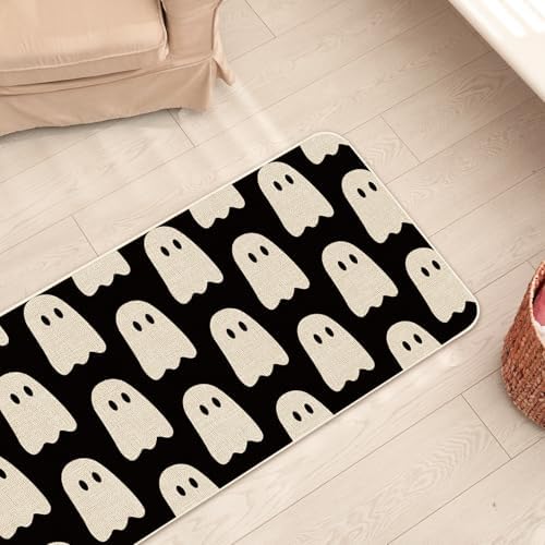 FYSUIMU Halloween Ghost Kitchen Rugs Set of 2 Black Ghost Boo Kitchen Floor Mat Non-Slip Spooky Bathroom Rugs Cute Halloween Kitchen Decor for Party Home, 17 x 29 Inch & 17 x 47 Inch