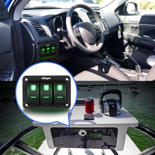 Nilight 3 Gang Rocker Switch Panel SPST On Off 5PIN Electrical Toggle Green