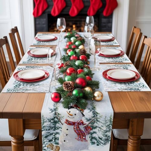 Christmas Placemats 1 Pack, Snowman Squirrel Bird Heat Resistant Washable Dining Table Mats Xmas Holiday Farmhouse Decor for Kitchen&Linens Outdoor Indoor, Pine Tree Branch Snowflake