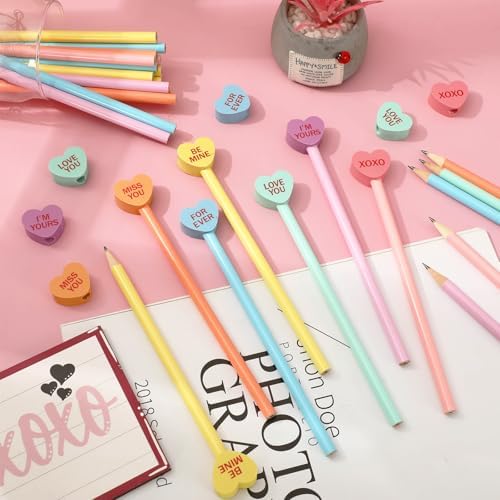 Whaline 120Pcs Valentine's Day Pencils with Eraser 60Pcs Conversation Heart Pencils with 60Pcs Heart Erasers Pastel Wooden Hearts Pencil for School Classroom Rewards Supplies