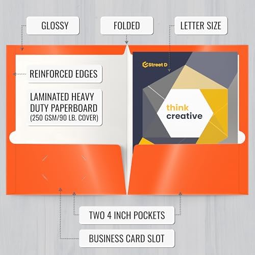 Better Office Products 2 Pocket Glossy Laminated Paper Folders, Letter Size, Orange Paper Portfolios, Box of 25 Orange Folders