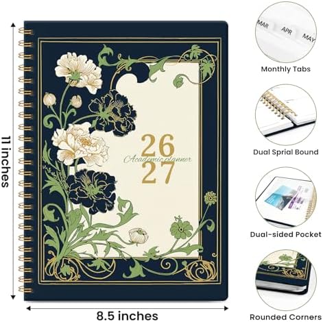 Large Planner 2026-2027, A4 (8.5" x 11") Hardcover Weekly & Monthly Planner July 2026 - June 2027 with Monthly Tabs, Academic Planner for School, Work and Office, Floral Dream