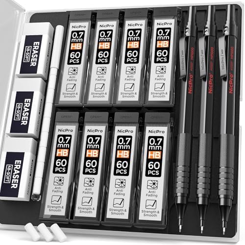 Nicpro Mechanical Pencils 0.7mm in Case, 3 Pack Metal Pencils Set, Black