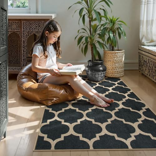 Lahome Moroccan 3x5 Outdoor Rug, Easy Jute Black Washable Rug for Entryway Front Porch, Geometric Trellis Woven Non Slip Door Mat for Entrance, Thin Non Shedding Farmhouse Throw Rugs for Balcony