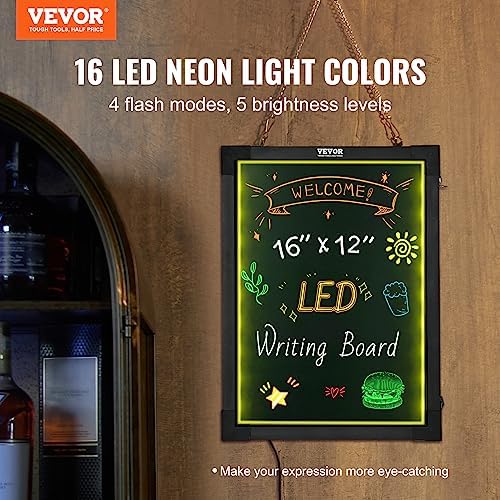 VEVOR LED Message Writing Board, 16"x12" Illuminated Erasable Lighted Chalkboard, Neon Effect Menu Sign Board, Drawing Board with 8 Fluorescent Chalk Markers and Remote Control, for Home Wedding Shop