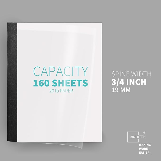 Binditek Thermal Binding Presentation Covers, 3/4 Inch Spine,Black,10 Pack | Thermal Binding Covers, 160 Sheets Capacity, Ultra Clear Front, Black Paper Back Cover, Letter Size, for Students & Coworkers